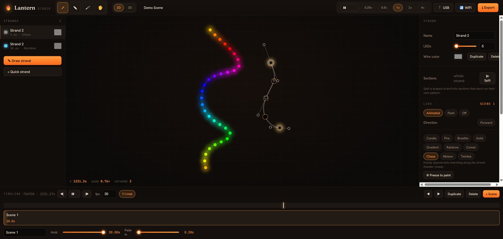 A screenshot of Lantern Studio, the tool I built to design the patterns: a curved strand of rainbow LEDs on a dark canvas, with effect buttons like candle, fire, and chase down the side.