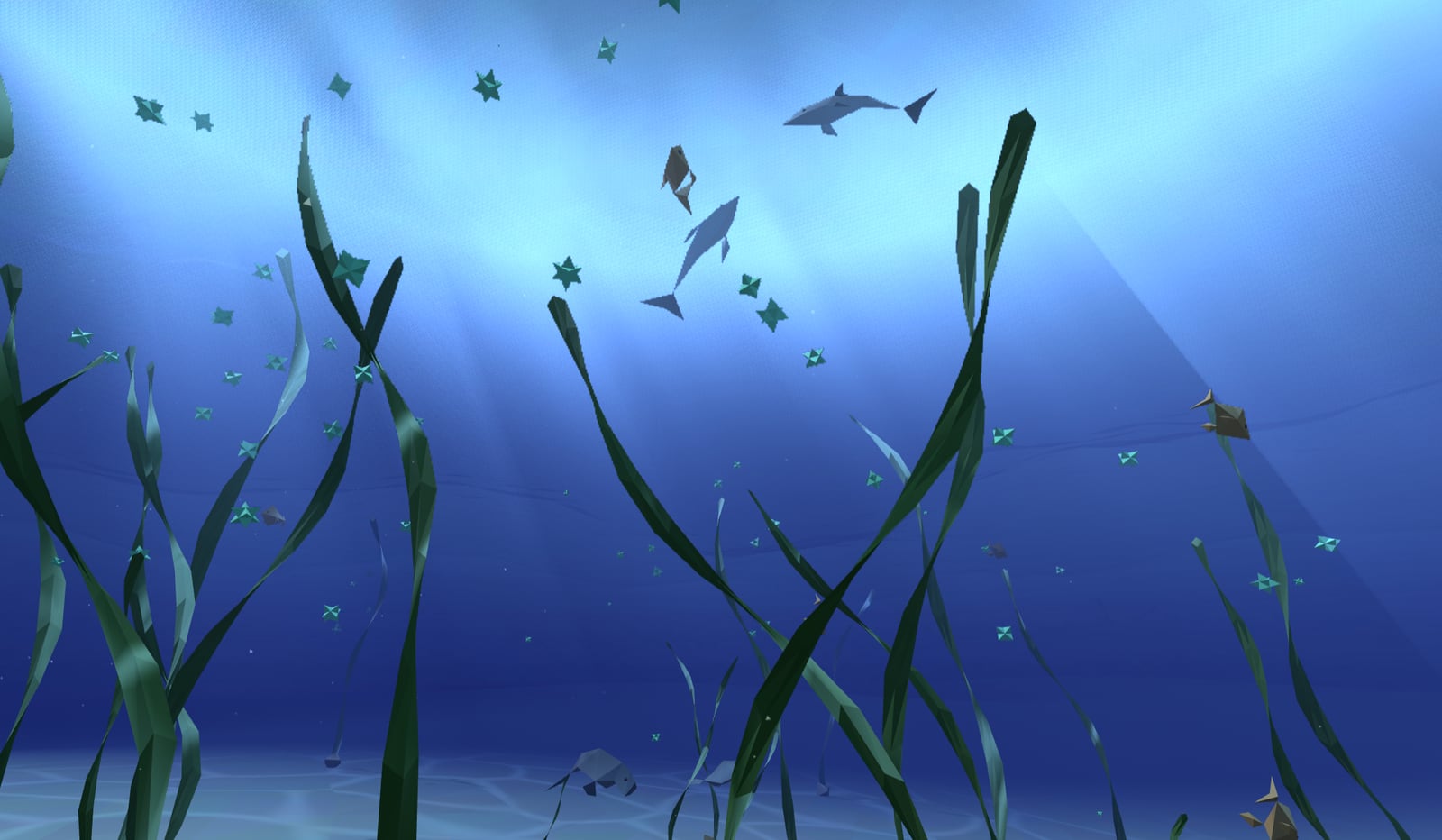 A sunlit PolyFish reef full of low-poly fish and waving seaweed